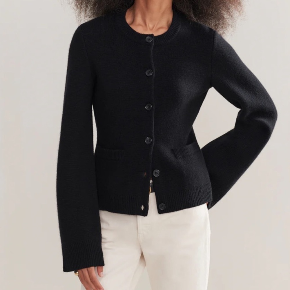 Jenni Kayne Cooper Wool Cashmere Crewneck Button Knit Cardigan Sweater Black